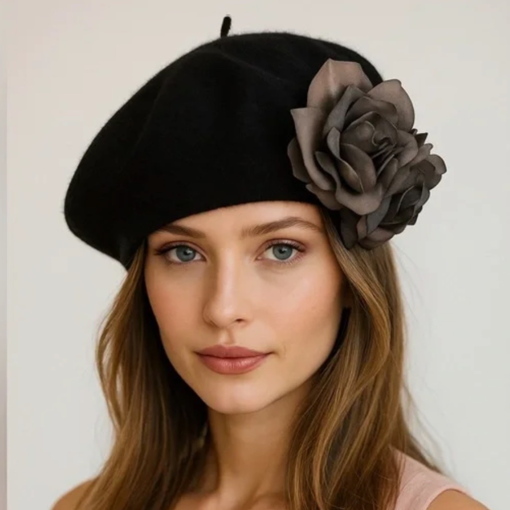 Black Wool Knit Beret. with Silky flower